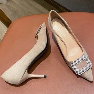 New velvet fine heel rhinestone cubes with pointed shallow mouth shoes